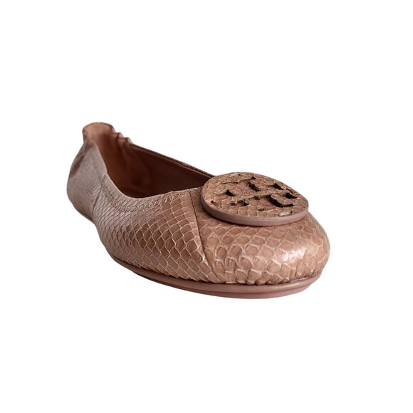 Tory Burch Minnie Travel Ballet Flats Meadowsweet Snake Embossed Leather Sz 9.5 - Picture 1 of 9